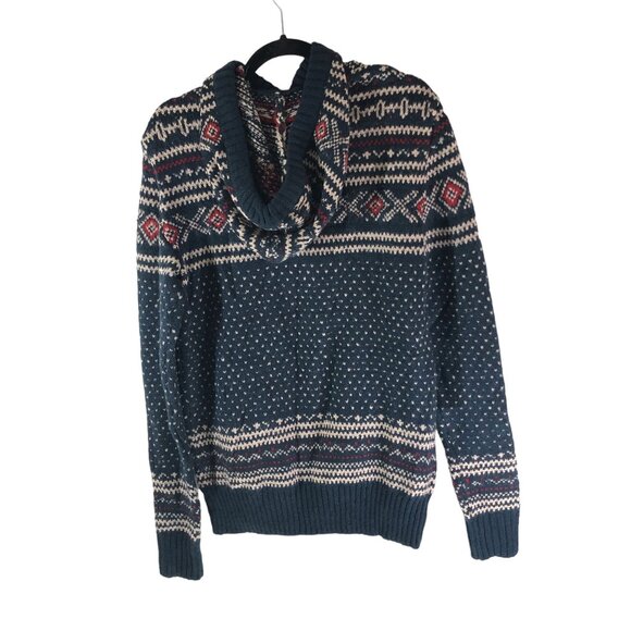 American Eagle Mens Super Soft Birdseye Fairisle Hooded Sweater Blue Red Size S - Picture 2 of 5